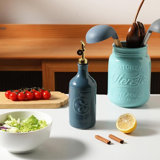 Sweejar 16 Oz Ceramic Olive Oil Dispenser Bottle, Oil Dispenser for Kitchen with Gravity Spout, Relief Opaque Oil Container for Evoo, Avocado Oil, Vinegar, Soy Sauce, 1 Pack(Fog Blue, Gold Spout)