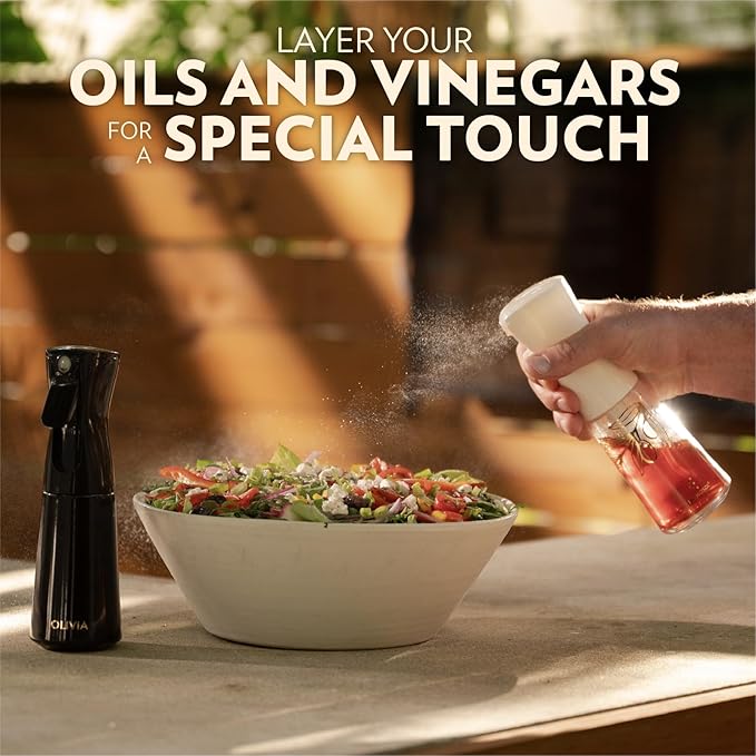 OLIVIA SIGNATURE Advanced Kitchen Oil Sprayer Technology, Fine Mist & Portion Control, Refillable Glass Olive Oil Cooking Spray Bottle for Air Fryer, Salad, BBQ, 2 Pack 200ml (White)