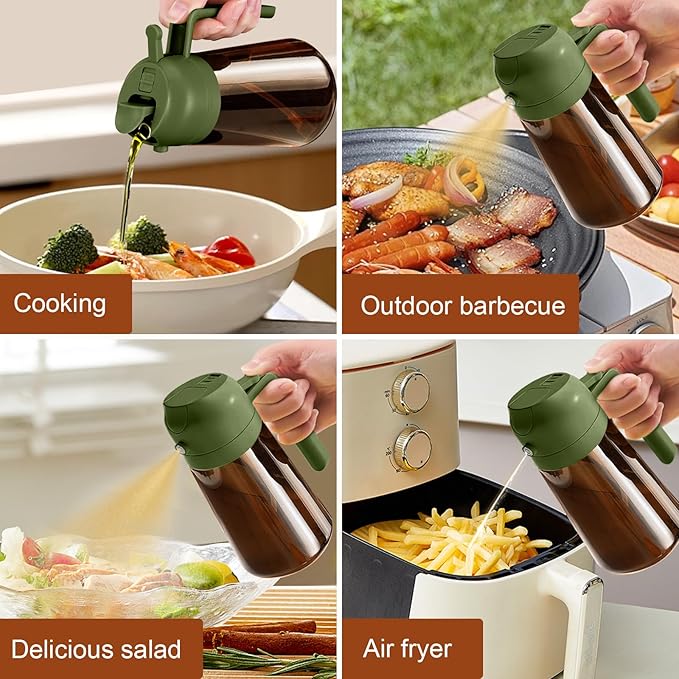 YARRAMATE 16oz/470ml Dark Brown Oil Sprayer for Cooking with Stickers, Food-grade Premium 2 in 1 Olive Oil Dispenser Bottle for Kitchen Gadgets, Air Fryer, Salad, Frying, BBQ (OliveGreen)