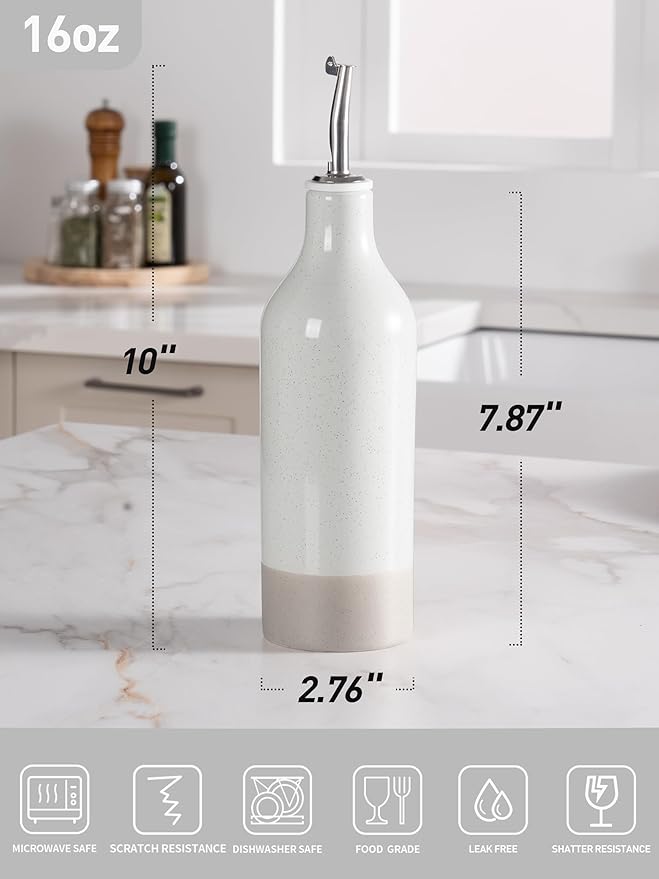 famiware Milkyway 16oz Ceramic Olive Oil Dispenser Bottle, 1 Piece Oil Dispenser for Kitchen with Stainless Steel Pourers, Suitable for Storage Vinegar, Soy Sauce, Coffee Syrup, Liquids, White