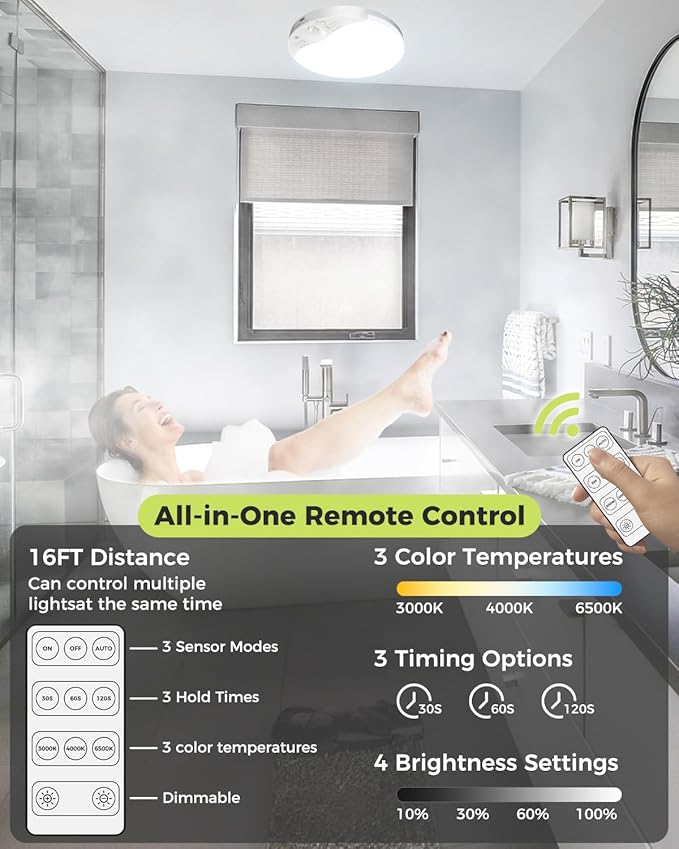2Pack Rechargeable Motion Sensor Ceiling Light with Remote, Magnetic Wireless Ceiling Light Battery Powered, 3000K/4000K/6500K, Dimmable, Timer, Motion Activated, for Closet Shower Hallway Pantry