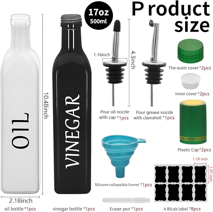 White & Black Olive Oil Dispenser Bottle,2 Pcs 17oz 500ml Glass Oil and Vinegar Dispenser Set with 2 Stainless Steel Pourers, 8 Labels,Funnel Oil Bottles for Kitchen