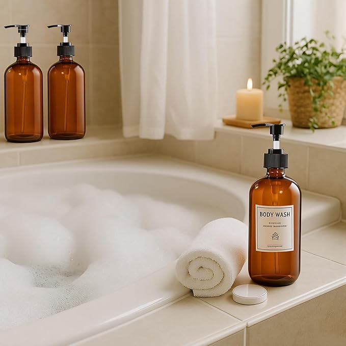 TBWIND 12 Pack Amber Glass Bottles 16oz with Pump Dispensers, Refillable Empty Pump Bottles for Bathroom, Kitchen, Shampoo, Soap, Lotion – Includes 2 Funnels & 12 Labels