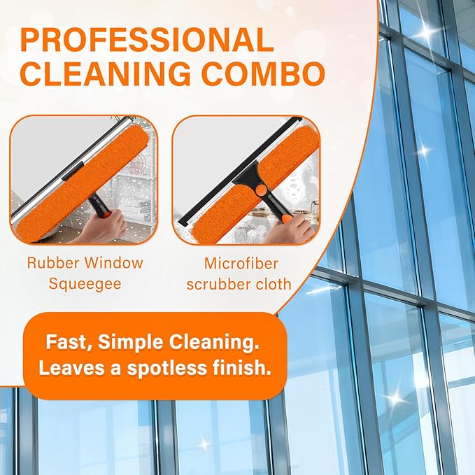 26FT Telescoping Window Cleaning Kit with 14" Squeegee - 2-in-1 Professional Window Scrubber & Extension Pole