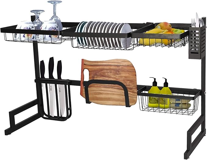 Dish Drying Rack Over The Sink, 2-Tier Dish Drainer Stainless Steel with Cutting Board and Sponge Holder, Space Saving Dish Drainer Rack for Kitchen Counter Organization and Storage, Black