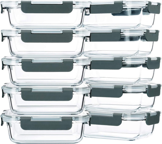 10 Pack,22 oz Glass Food Storage Containers with lids, Gray