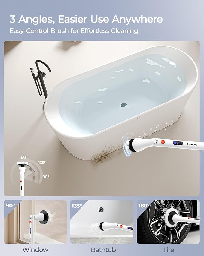 MayKing Electric Spin Scrubber with 9 Brush Heads, 3-Angle & 4-Length Adjustable Cordless Power Scrubber, 3-Speed & Battery LED Display, Electric Scrubber for Cleaning Bathroom Bathtub Floor Tiles