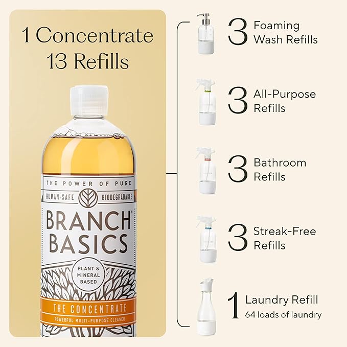 Branch Basics Premium Starter Kit in Glass: All Purpose Cleaner, Glass Cleaner, Bathroom Cleaner, Wash Bottle, and Laundry Bottle