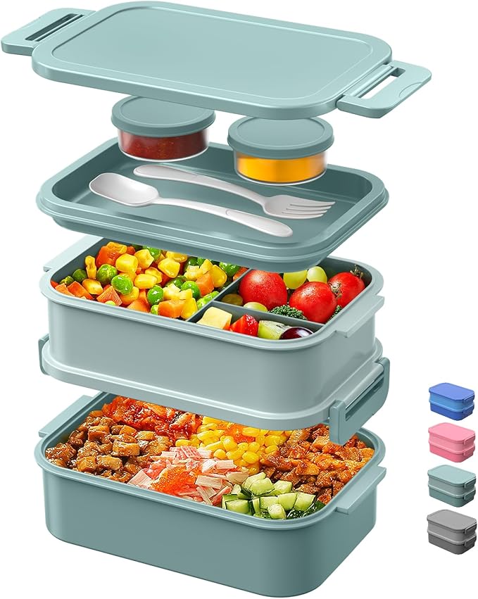 DaCool Lunch Box Adults Bento Box 74 OZ All-in-One Stackable Lunch Box Containers for Adult Large Bento Box with Fork Spoon Sauce Boxes