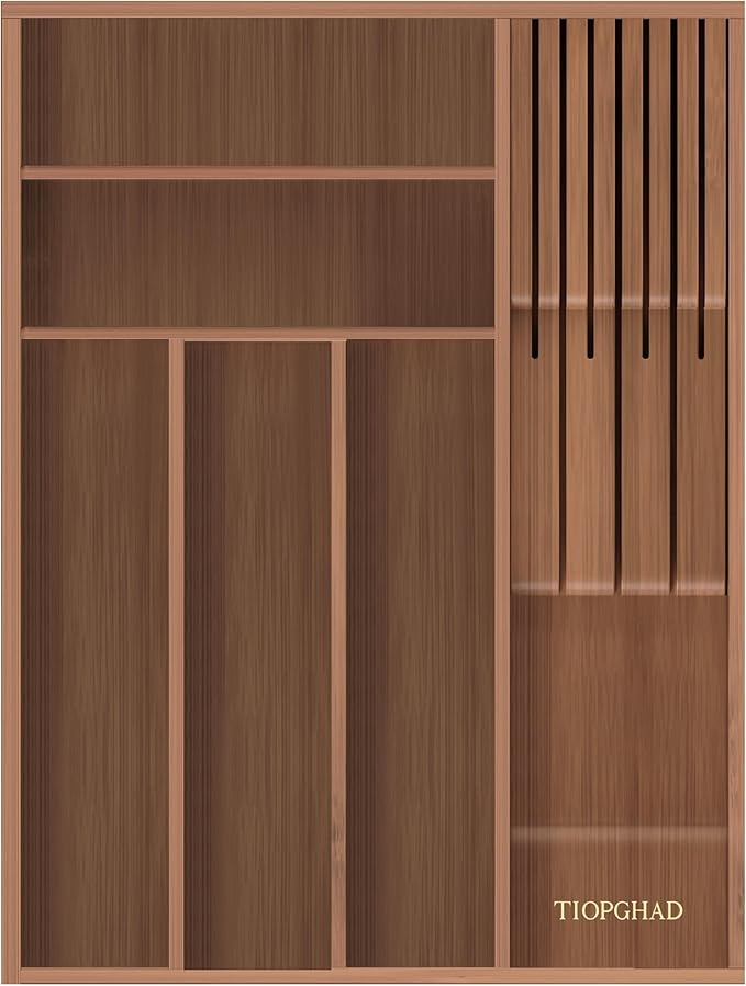 TIOPGHAD Small-Bamboo-Silverware-Drawer-Organizer, Expandable Utensil Kitchen Cutlery Tray Flatware Organization Wood Tableware Dividers Storage (with Removable Knife Block)(Brown)