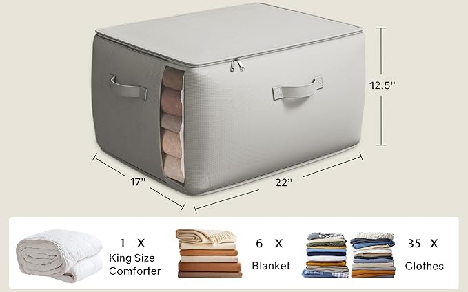 Vailando Large Canvas Comforter Storage Bags Closet Organizer for Clothes Sweater Clothes Organizer with Dual Zipper Three Carrying Handles for Blanket Closet Storage Container, 6 Pack, Grey