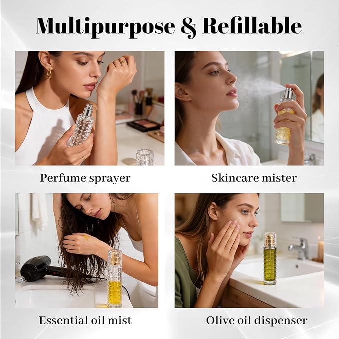 30ml Glass Spray Bottles 4Pcs, 5.1"x1.1"x1.1" Refillable olive oil Atomiser Perfume Atomizer for Home Bar, Kitchen, Travel & DIY (Gold & Silver Nozzles)