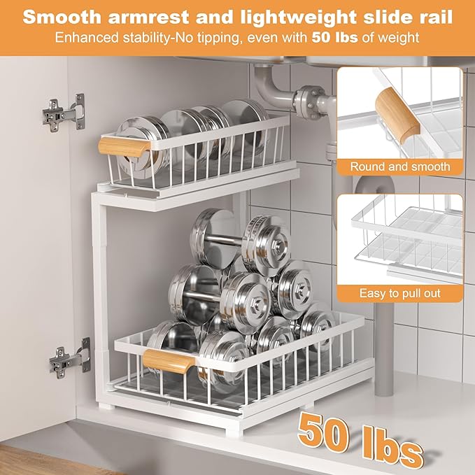 Under Sink Organizer 2 Tier, Pull Out Drawer Slides Under Sink Storage for Bathroom Kitchen,Multi-Purpose Drawer Under Cabinet Organizer for Cleaning Supplies (White, Large-2 Pack)