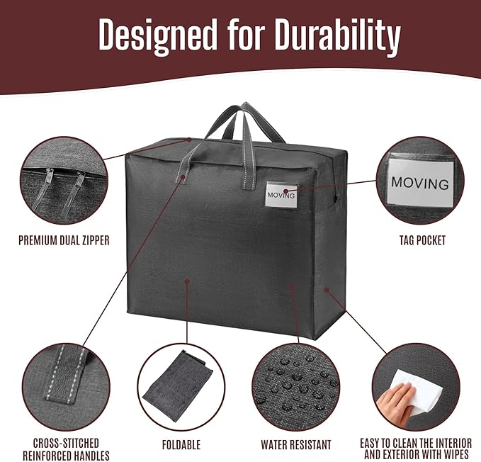 VENO 4 Pack Heavy Duty Moving Bags, Storage Bags, Packing Supplies, Top Zipper, Storage Totes for Camping, Clothes, Bedding, Comforters, Pillows (22 Gallon Dark Gray, 4 Pack)