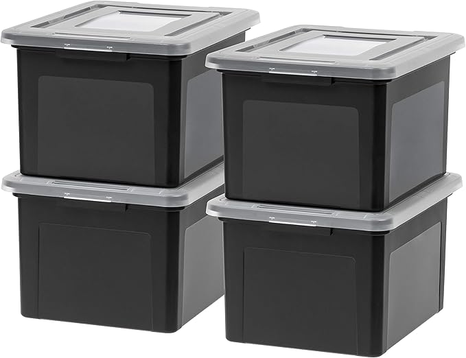 IRIS USA File Box, Plastic File Organizer with Lids for Letter/Legal File, Portable Document Box For Moving, Storage Bin with Durable and Secure Lid, Stackable Nestable BPA-Free, Black 35 Qt. 4 Pack