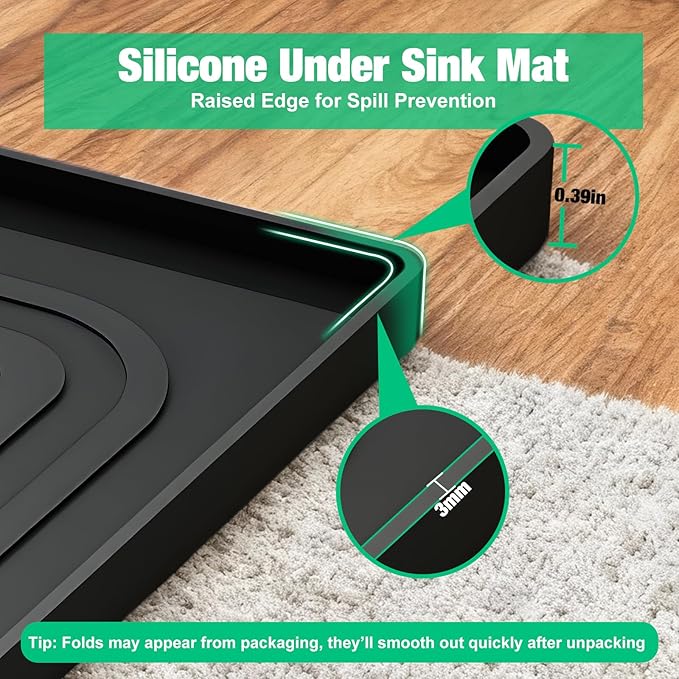 Aisslro Under Sink Mat 25" X 19", Waterproof Silicone Under Sink Mats for Kitchen, Anti-Leak Shelf Liner & Cabinet Protector with Raised Edge, [BPA Free] Bathroom Tray Home Organizer, Black