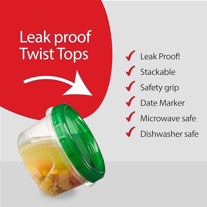PLASTICPRO 6 Pack Twist Cap Food Storage Containers with Green Screw on Lid- 16 oz Reusable Meal Prep Containers