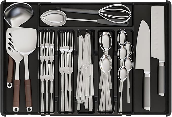 Black Expandable Silverware Drawer Organizer, Adjust From 11'' to 22'', Knife