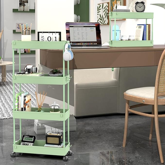 SPACEKEEPER Slim Rolling Storage Cart 4 Tier Bathroom Organizer Utility Cart Mobile Shelving Unit Tower Rack for Kitchen, Laundry Room, Bathroom, Narrow Places, Green