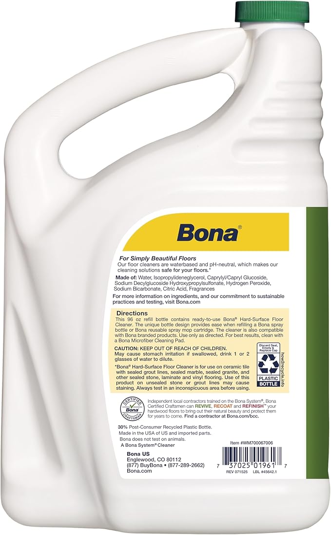 Bona Multi-Surface Floor Cleaner Refill - 96 fl oz - Lemon Mint - Residue-Free Floor Cleaning Solution Refill for Spray Mop and Spray Bottles - for Use on Stone, Tile, Laminate, and Vinyl Floors