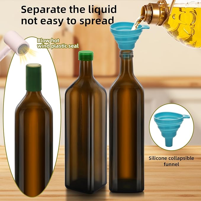 2Pcs 33 oz Olive Oil Dispenser Bottle,1000ml Glass Oil and Vinegar Dispenser Set with Pourers and Funnel ，Oil Bottles for Kitchen Large capacity oil bottles (Brown 2pcs)