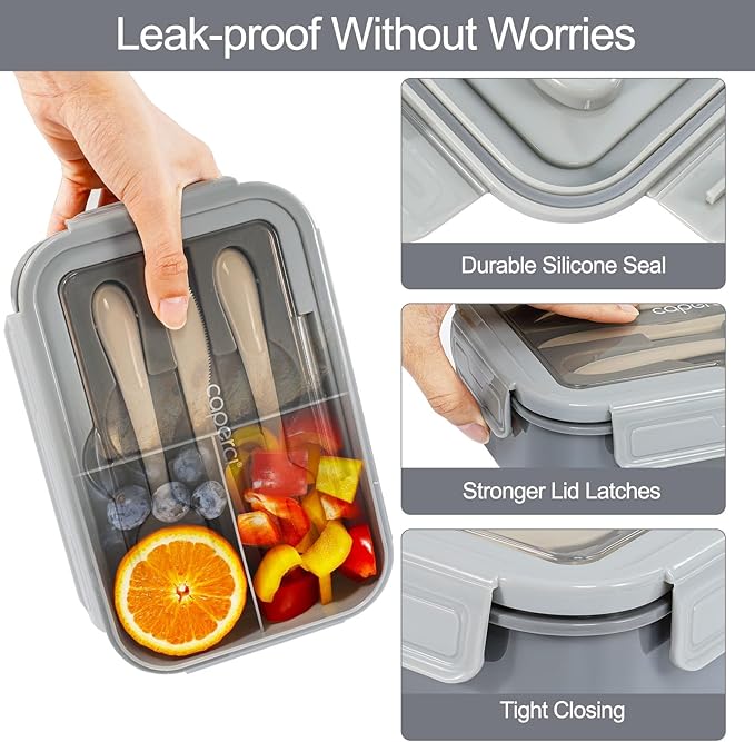 Caperci Classic Bento Box Adult Lunch Box for Older Kids - Leakpoof 47 oz 3-Compartment Lunch Containers for Adults and Teens, Built-in Utensil Set