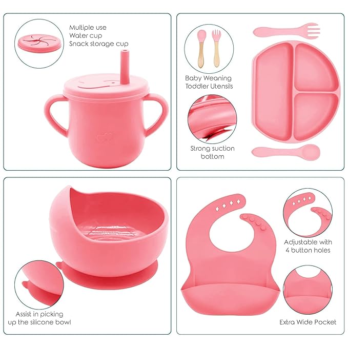 100% Silicone baby feeding set,BPA free Baby dishes set with Suction Bowl Divided Plate,Toddler Self Feeding Dish Set with Spoons Forks Sippy Cup And Bib, Baby Eating Utensils (Hot Pink)