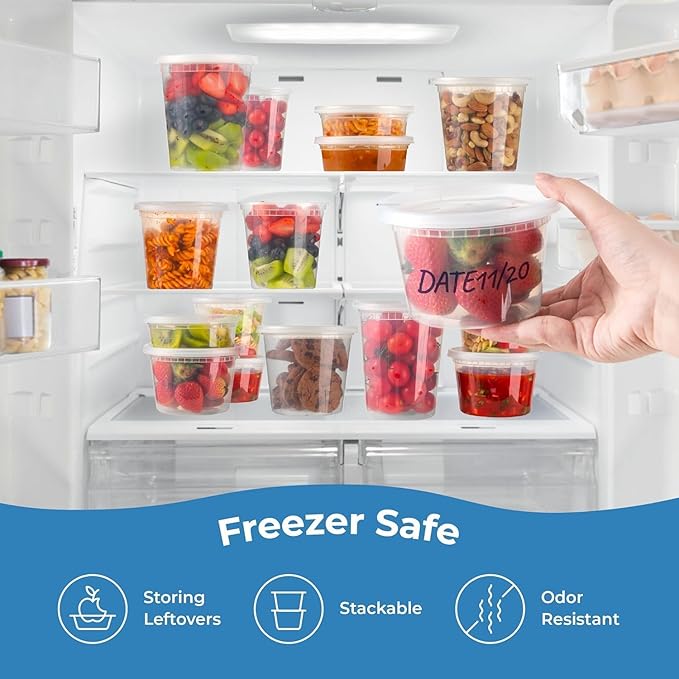 Fit Meal Prep 66 Pack 8 16 32 oz Deli Containers with Lids, US Made Leakproof Quart Containers with Lids, Clear Plastic Food Storage Container with Lid, Microwave Freezer Safe Meal Prep Container