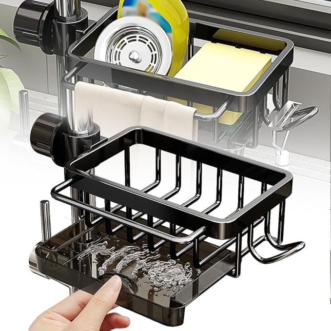 Eadwe Sink Organizer Rack for Kitchen and Bathroom, 2024 New Kitchen Sink Faucet Organizer with Drip Tray Faucet Sponge Holder (Black, Right)