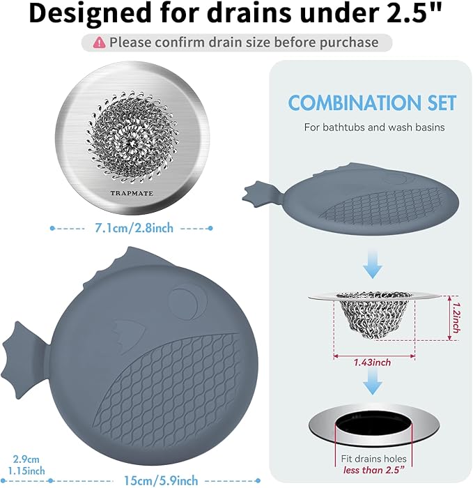TRAPMATE Bathtub Drain Stopper & Shower Hair Catcher, Shower Drain Cover/Silicone Drain Cover/Sink Drain Plug for Shower, Bath, Kitchen Sink