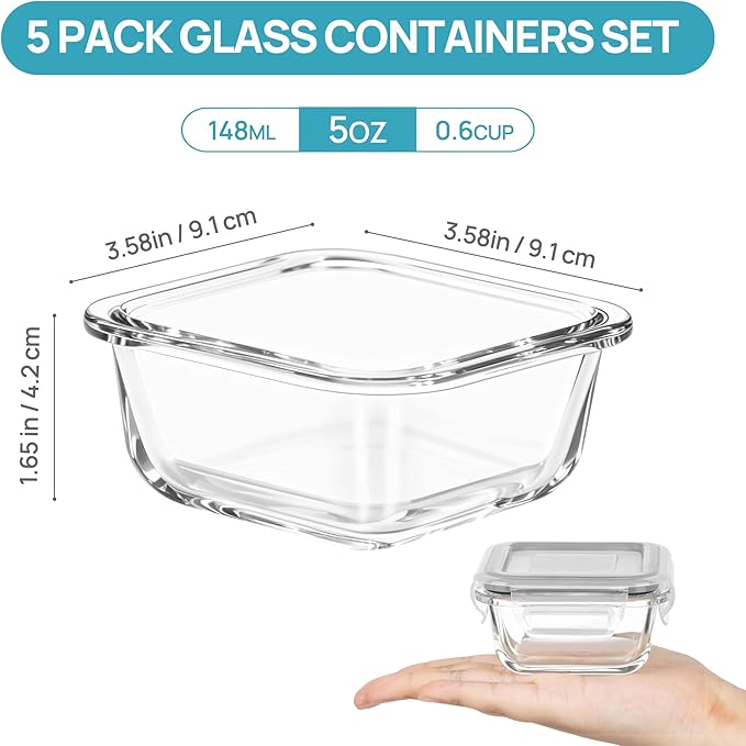 Vtopmart 5Pack 5oz Small Glass Storage Containers with Lids, Glass Meal Prep Food and Sauce Container Sets with Snap Airtight Lids for Microwave, Oven