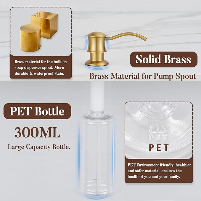 Built in Soap Dispenser for Kitchen Sink Countertop, Solid Brass Pump Head Long Spout with 10.2 Ounce PET Food Safe Material Lotion Bottle, Brushed Gold Finish