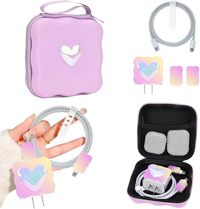 CameCosy DIY Phone Charger Case Storage Sets Cable Protector Earphone Wire Saver with Purple Wave Travel Storage Bag, Cable Charger Protector Cord Organizer for iPhone (Pearl Heart)