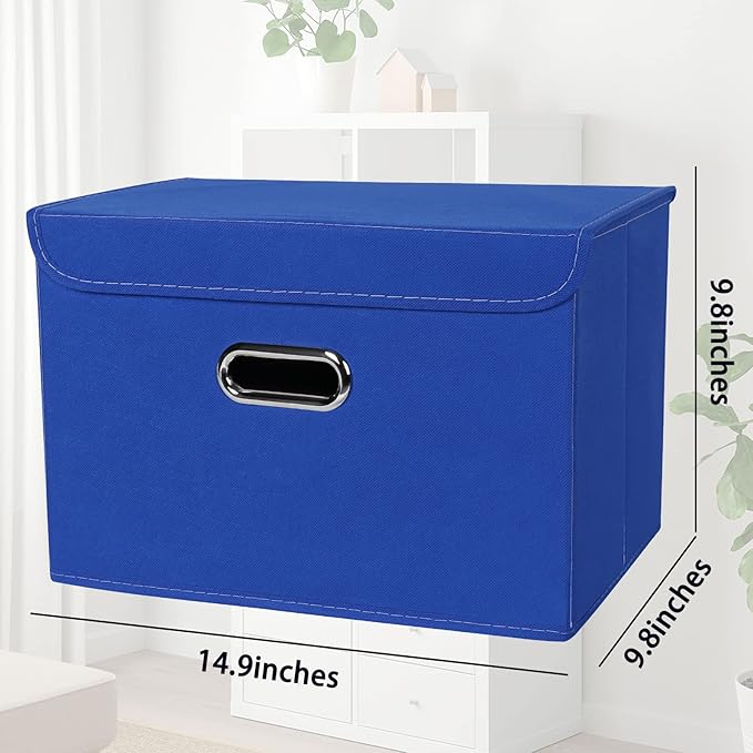 STOREONE Fabric Storage Cube Bins Foldable Organizer Container Collapsible Basket with Lids and Metal Handles, for Home, Bedroom, Closet 6 Pcs (Dark Blue)