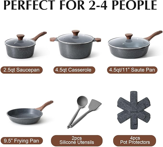 SENSARTE Nonstick Cookware Set 13-Piece, Non Stick Pots and Pans Set with Swiss Granite Coating, Healthy Kitchen Cooking Set, Stay-Cool Handles, PFOA Free
