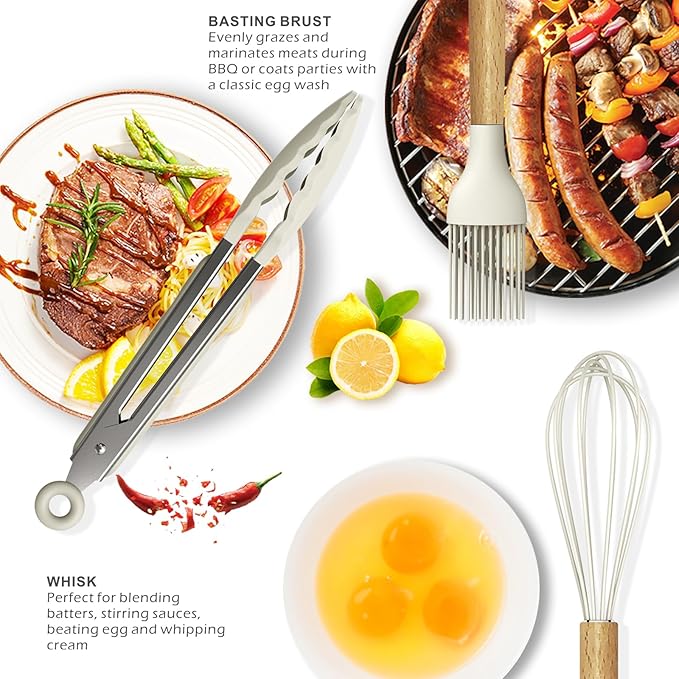 oannao Silicone Cooking Utensils Set - 446°F Heat Resistant Silicone Kitchen Utensils for Cooking,Kitchen Utensil Spatula Set w Wooden Handles, BPA FREE Gadgets for Non-Stick Cookware (Khaki)