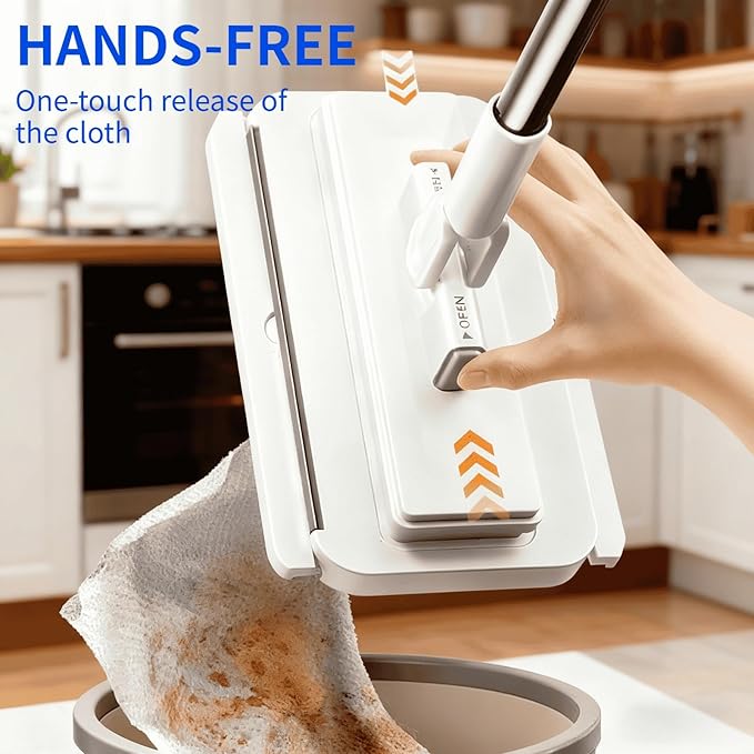 Press Grip Mini Mop with 39 inches Handle — Press Lock Small Mop Head, One-Click Release Zero-Touch Gap Cleaner, Includes 5 Reusable Cloths for Multi-Surface Quick Cleaning