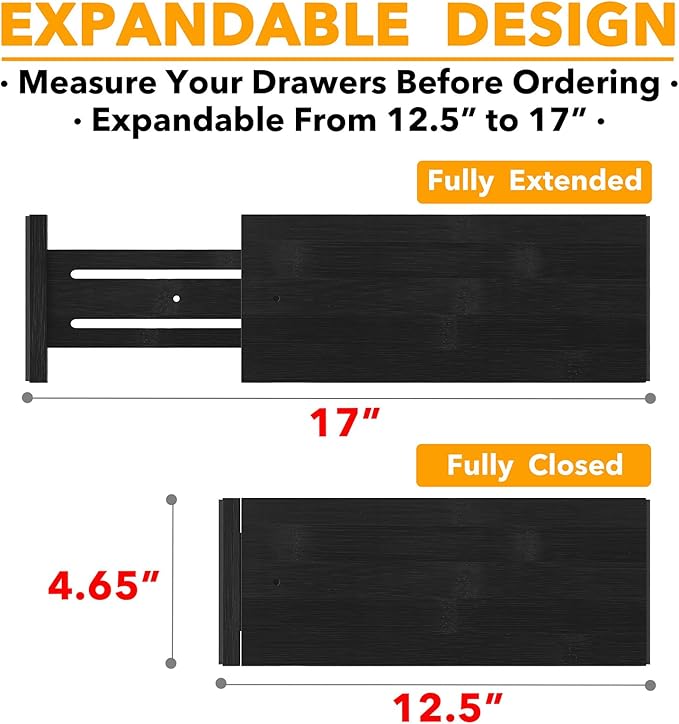 SpaceAid Bamboo Dresser Drawer Dividers 6 Pack, 4.65“ High Adjustable 12.5“-17” Drawer Organizers, Expandable Organization for Clothing, Clothes