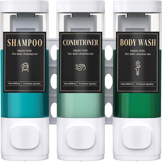 Luxspire Shampoo and Conditioner Dispenser, No Drill Wall Mounted Shower Soap Dispenser 3 Chamber with Waterproof Labels, Easy Refill Soap Dispenser for Bathroom Hotel Kitchen, White