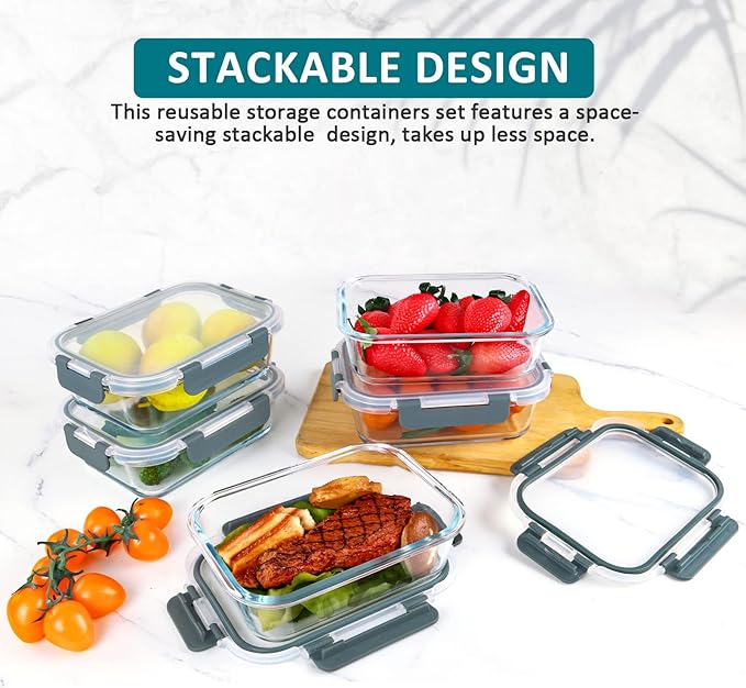 M MCIRCO [5-Packs, 30 Oz] Glass Meal Prep Containers with Snap Locking Lids Glass Food Containers,Airtight Lunch Container,Microwave, Oven