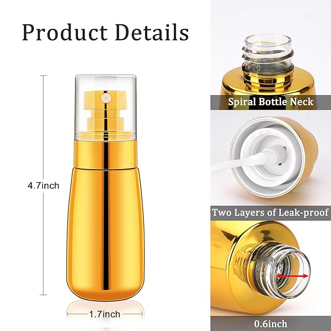 Cosywell Travel Spray Bottle TSA Approved 3 Pack 2oz 60ml Leak Proof Fine Mist Spray Bottle Empty Plastic Refillable Containers for Hair Perfume Toners Rose Water Cosmetics(Gold+Green+Clear)