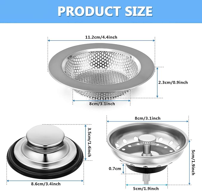 Mudder 3 Pcs Kitchen Sink Strainer & Stopper - Stainless Steel