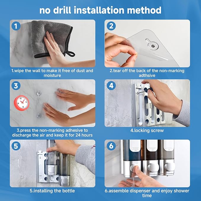 Shampoo and Conditioner Dispenser, Refillabe Shower Soap Dispensers 3 Chamber No Drill Shampoo Dispenser for Shower Wall Mounted 3 * 300ml Container for Bathroom Hotel (Sliver 3 Chamber)