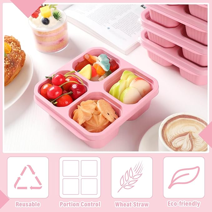 Ziliny 12 Pcs 4 Divided Compartments Snack Containers Bento Wheat Straw Snack Box with Lid Reusable Meal Prep Lunch Box Food Storage Containers for Adults Christmas Travel Work Gifts(Pink)