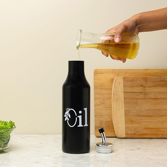 dudki 1 Litre Stainless Steel Oil Pourer | Oil Dispenser For Kitchen | Cooking Oil Bottle For Kitchen | Cooking, Home, Restaurant (Matt Black)