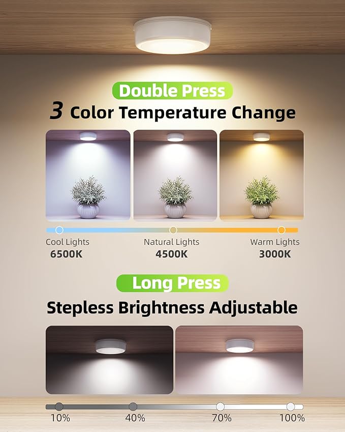 EZVALO LED Puck Lights, 6Pack Rechargeable Battery Touch Light, 2.5'' Mini Tap Lights, Wireless Closet Light, Under Cabinet Lighting, 3 Color & 83 RGB, Stick On Lights for Kitchen,Pantry,Shelves
