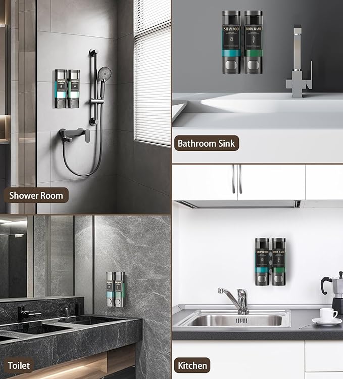 Luxspire Shampoo and Conditioner Dispenser, No Drill Wall Mounted Shower Soap Dispenser 2 Chamber with Waterproof Labels, Easy Refill Soap Dispenser for Bathroom Hotel Kitchen, Gray