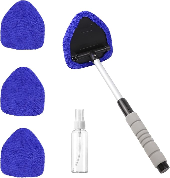 wuyaoyao Car Windshield Cleaning Tool, Car Windshield Window Cleaner, Auto Window Glass Cleaning Kit with Extendable Handle & Reusable Microfiber Pad & Spray Bottle, Universal Car Accessories (Blue)