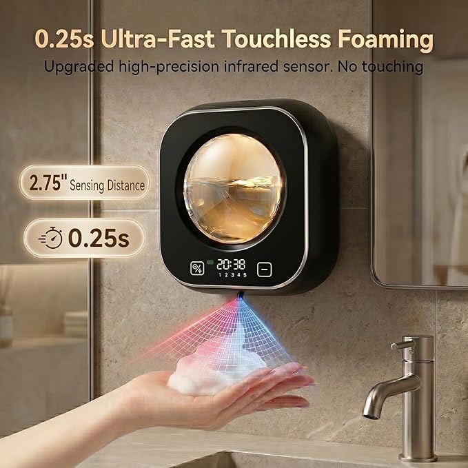 Automatic Foam Soap Dispenser Bathroom,Wall Mounted Touchless Foaming Soap Dispenser Rechargeable with Smart LCD Display & 5-Level Adjustable Foam,Electric Dispenser for Kitchen Office (Black)