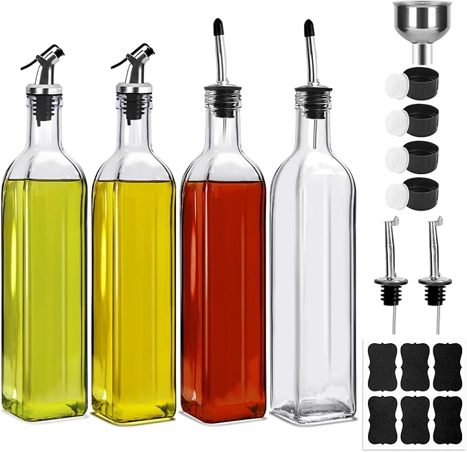 BAKHUK 4 Pack 17oz Olive Oil Dispenser Bottles, 500ml Clear Glass Vinegar Cruet with Pourers and Funnel for Kitchen